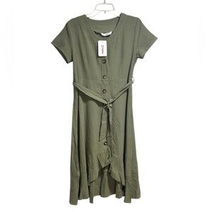 PatPat Olive Green Short Sleeve Button Front High-Low Dress Size Medium NWT